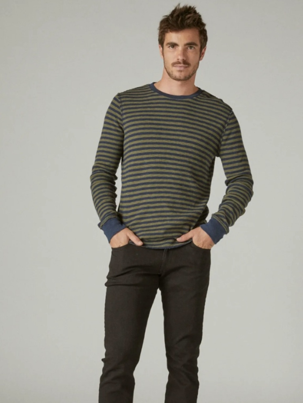 Lucky Brand Striped Men's Thermal Long Sleeve Crew Shirt | size Large